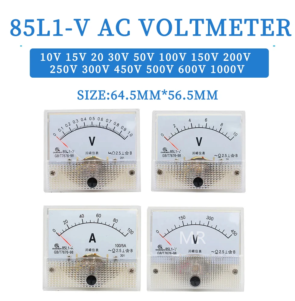 85L1-V Analogue AC Voltage Needle Panel Meter Voltmeter 1V 2V 3V 5V 10V 15V 20V 30V 50V 75V 100V 150V 200V 300V 400V 500V