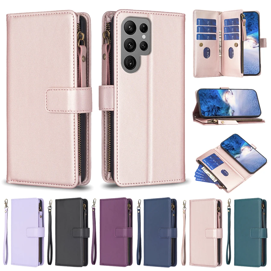 Luxury Wallet Zipper Leather Case For Samsung Galaxy S24 Ultra S23 Plus S22 S21 S20 FE A14 A15 A24 A25 A34 A35 A52 A53 A54 A55