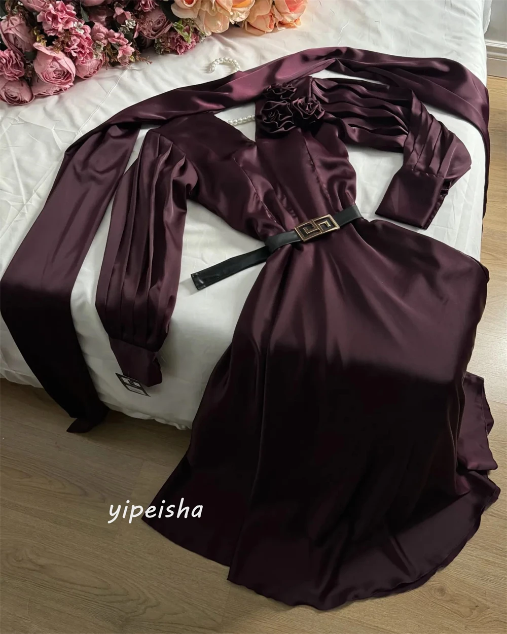 Jiayigong  Satin Flower Draped Sashes Quinceanera A-line V-Neck Bespoke Occasion Gown Long Sleeve Dresses