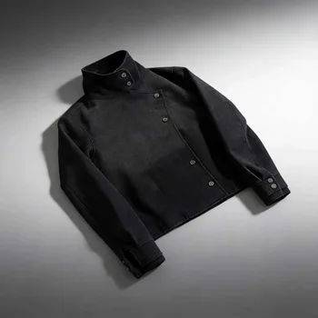 Y2k Harajuku Uniform Jacket Black Distressed Wash Buttons Fencing Denim Jacket Gothic Casual Streetwear Unisex Oversize Clothing 2