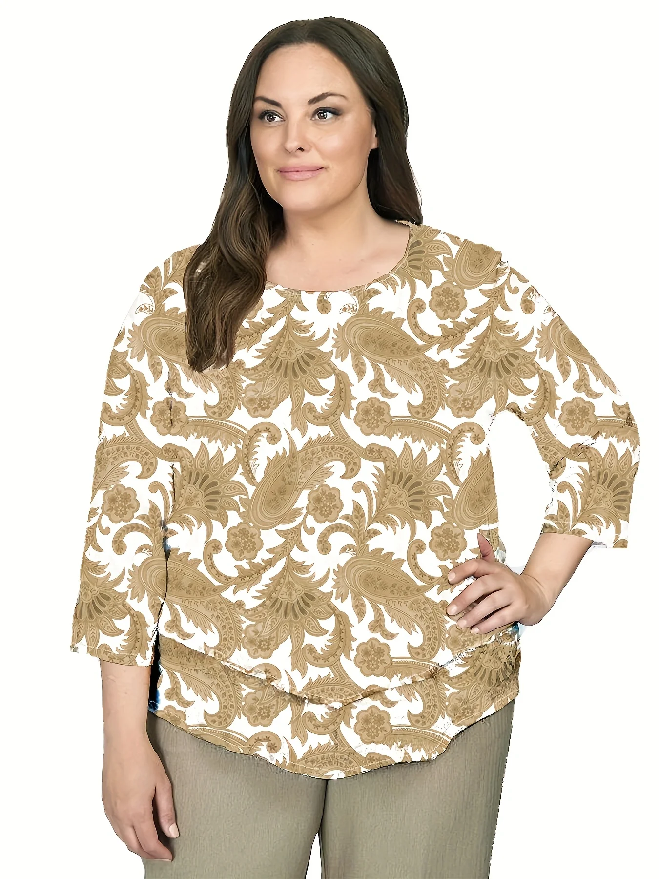 

Plus Size Women's Paisley Print Blouse, Boho 3/4 Sleeve Loose Top, Comfortable Tunic for Curvy Figures