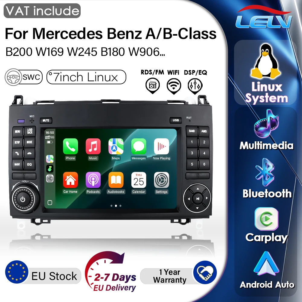Lelv Wireless Carplay Android Auto Car Radio for Mercedes Benz W169 W245 B200 W906 Sprinter W639 Vito 2 Din Multimedia Stereo with Built-In Cooling Fan Gps Navigation Swc Bluetooth Fm Rds Dsp Ips