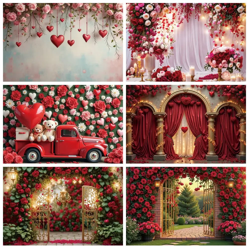 

MOON.QG Red Valentine's Day Background Photography Rose Flower Wall February 14 Photocall Backdrop Adult Studio Photozone Props