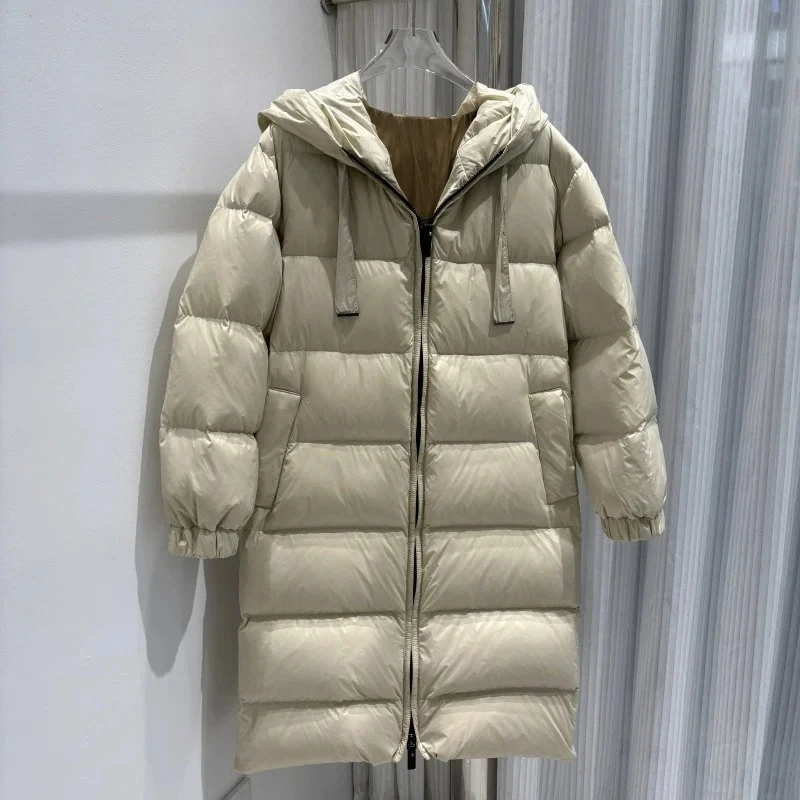 2026년 신상 여성용 화이트 덕다운 롱 재킷 부드러운 가을 겨울 따뜻한 두꺼운 후드 외투 단색
