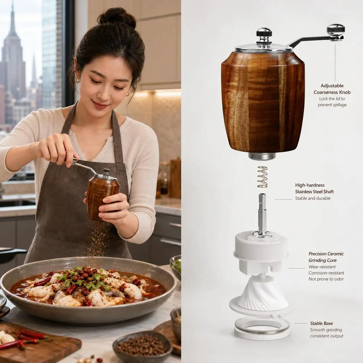 Ceramic Core Pepper Grinder, Hand Cranked Round Ball Walnut Wood Mill - Manual Kitchen Tool for Fresh Ground Pepper & Spices