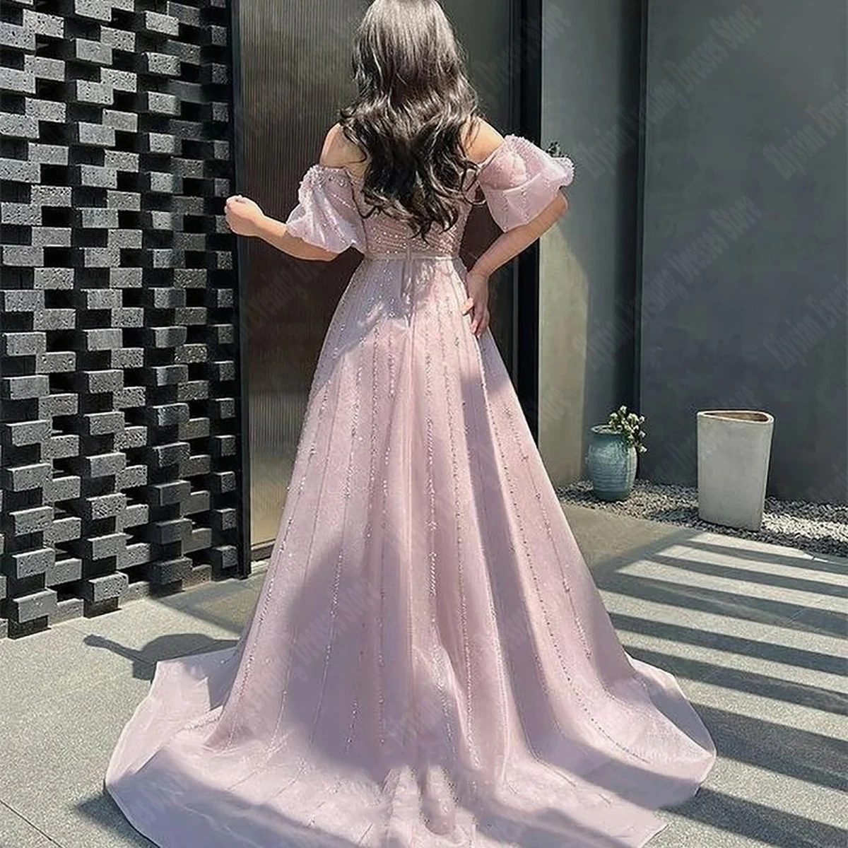 Newest Pink Women Evening Dresses Sexy Shining Beaded Lace Design Prom Gowns Elegant Retro Scarf Short Sleeves Vestidos De Noche