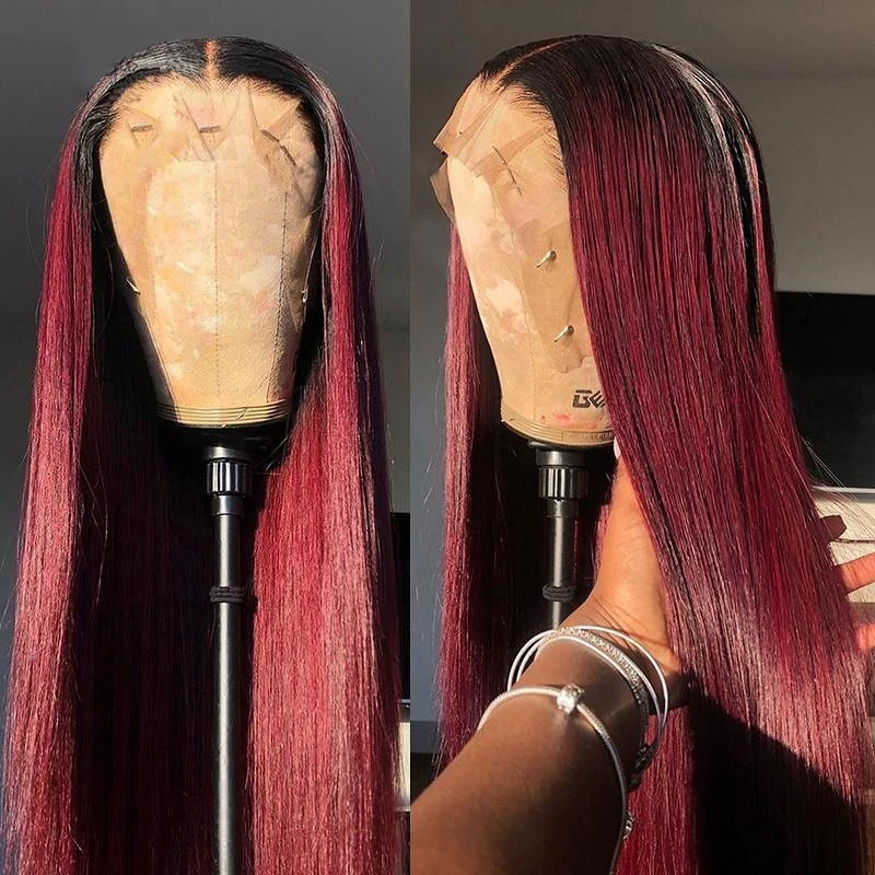 Burgundy 1B/99J Straight Peruvian Human Hair Wig 13x4 Lace Frontal Wig 99J Colored 4x4 Lace Closure Wig 180 Density 30 32inch