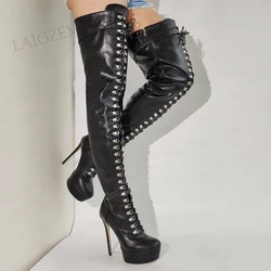 BERZIMER Women Thigh High Boots Full Zip Platform Boots Over Knee Thin Heels Wide Calf Friendly Shoes Woman Big Size 42 45 50 52