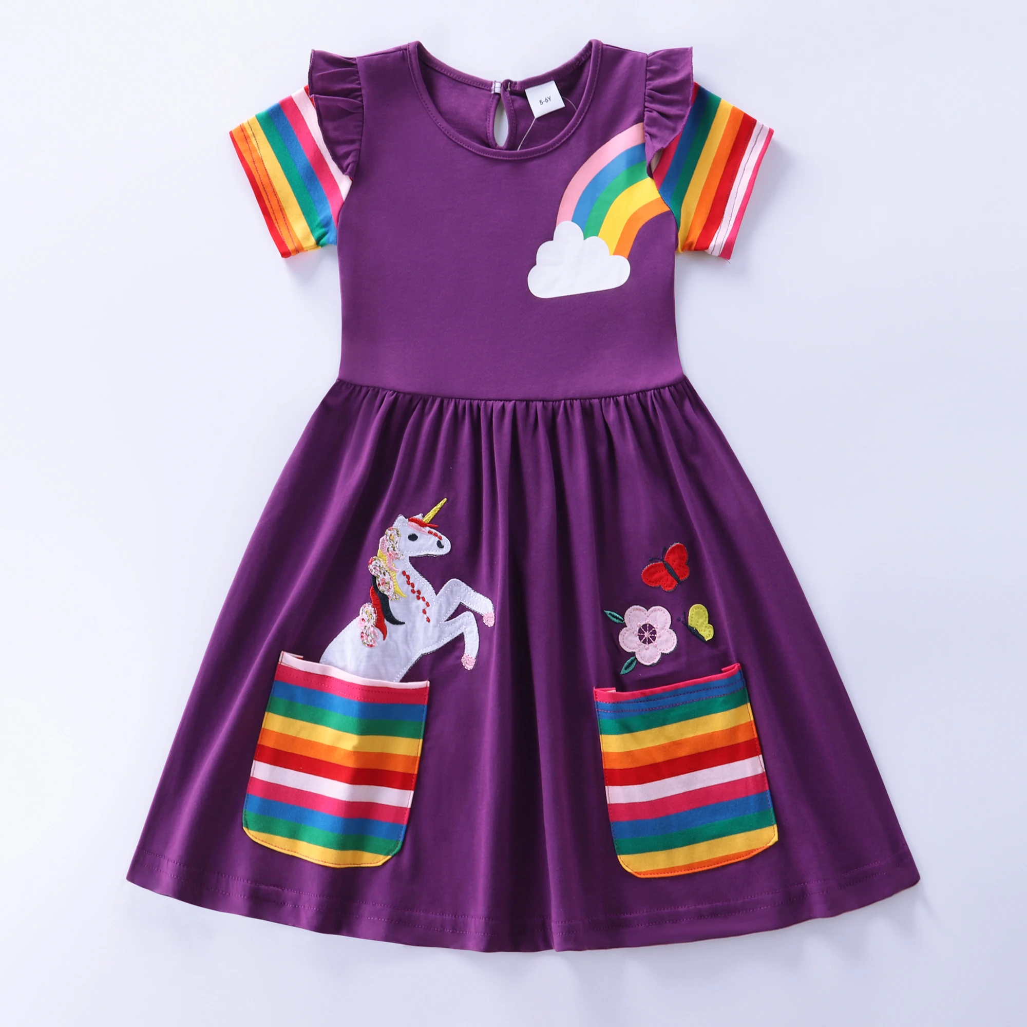 Girls\' Short Sleeve Unicorn Dress New Summer Embroidered Two Pockets Rainbow Sleeve Children\'s SH81035