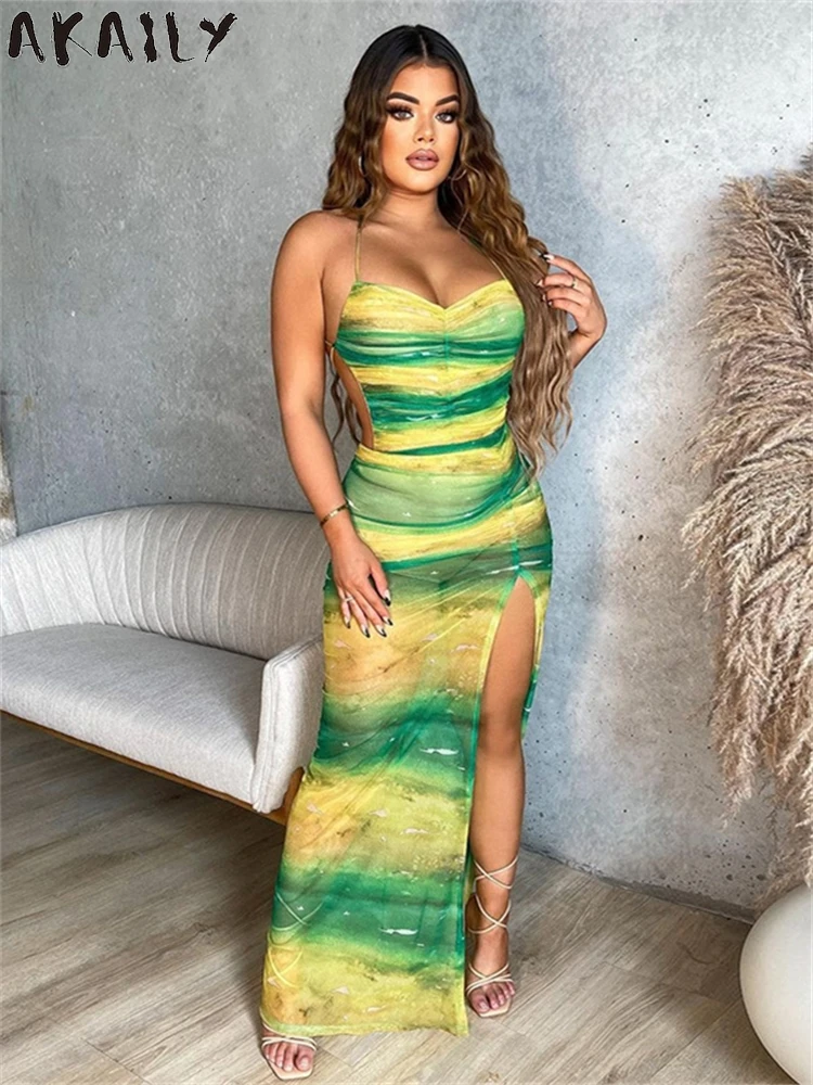 Akaily Summer Green Gradient Halter Ruched Long Dress Sexy Clubwear For Women 2024 See Through Backless Bandage Split Party Robe