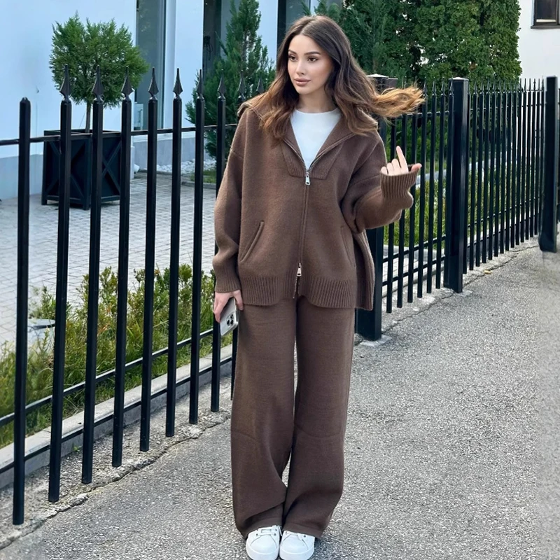 Autumn Winter Fashion Casual Loose Women Two Piece Set Knitted Zipper Long Sleeve Winter Warm Cardigan Coat+Wide Leg Pants Suit