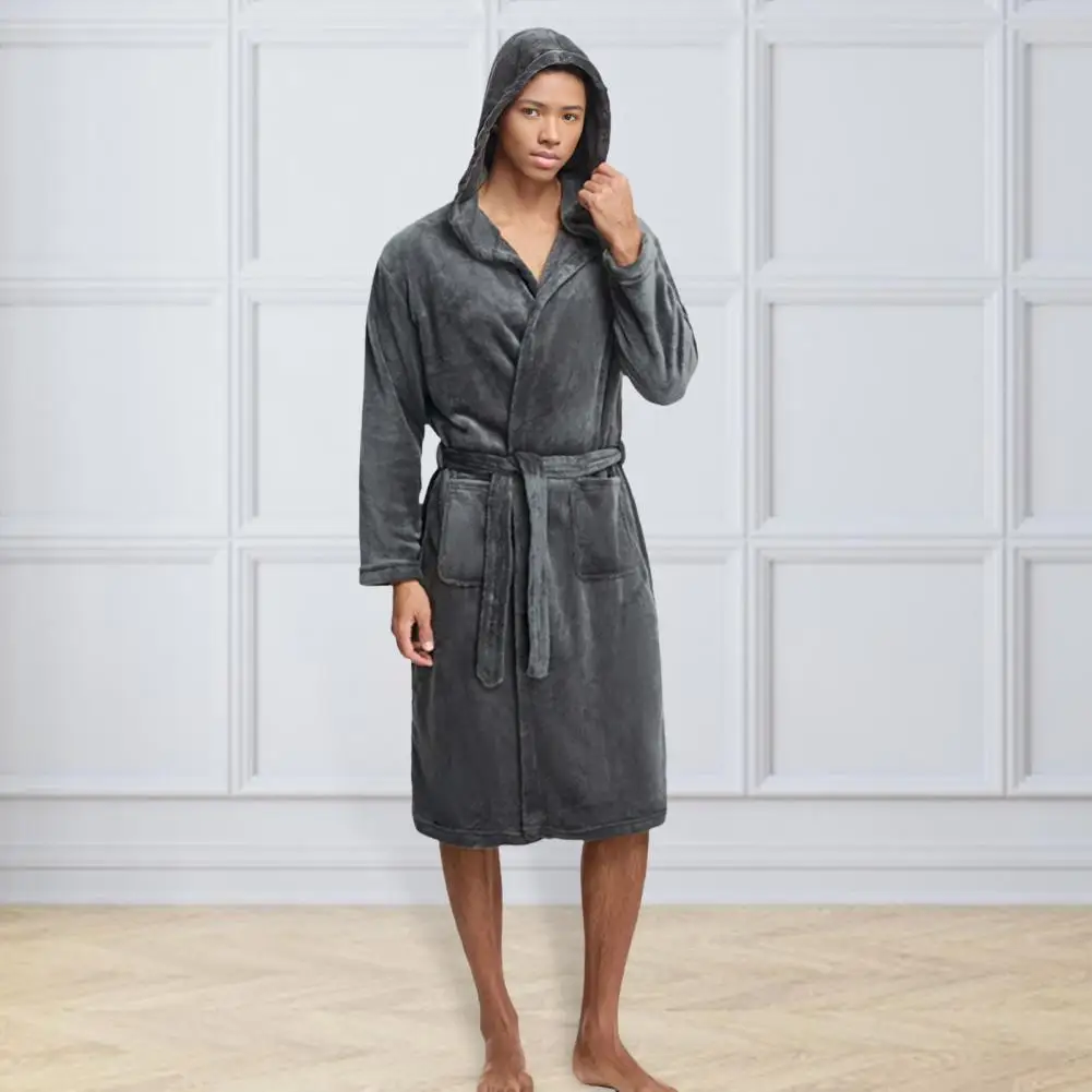 Men Warm Flannel Bathrobe Waist Tie Nightgown Hooded Knee-length Men Bathrobe With Pockets Quick-Drying Fabric Loungewear Robe