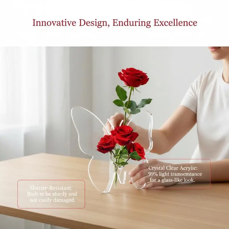 Clear Acrylic Butterfly Shaped Vase High Transparent Finish For Home Hydroponic Flower Display Decor
