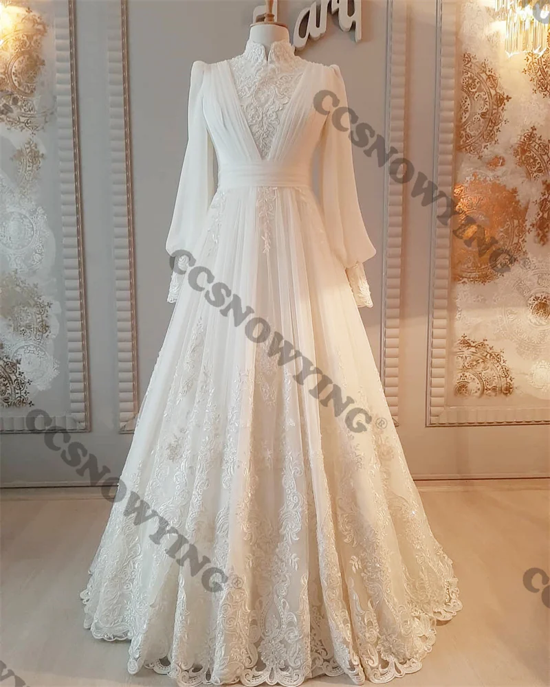 Elegante tule apliques de manga longa vestidos de casamento a linha alta pescoço vestido de noiva das mulheres pérolas árabe dubai vestidos de novia