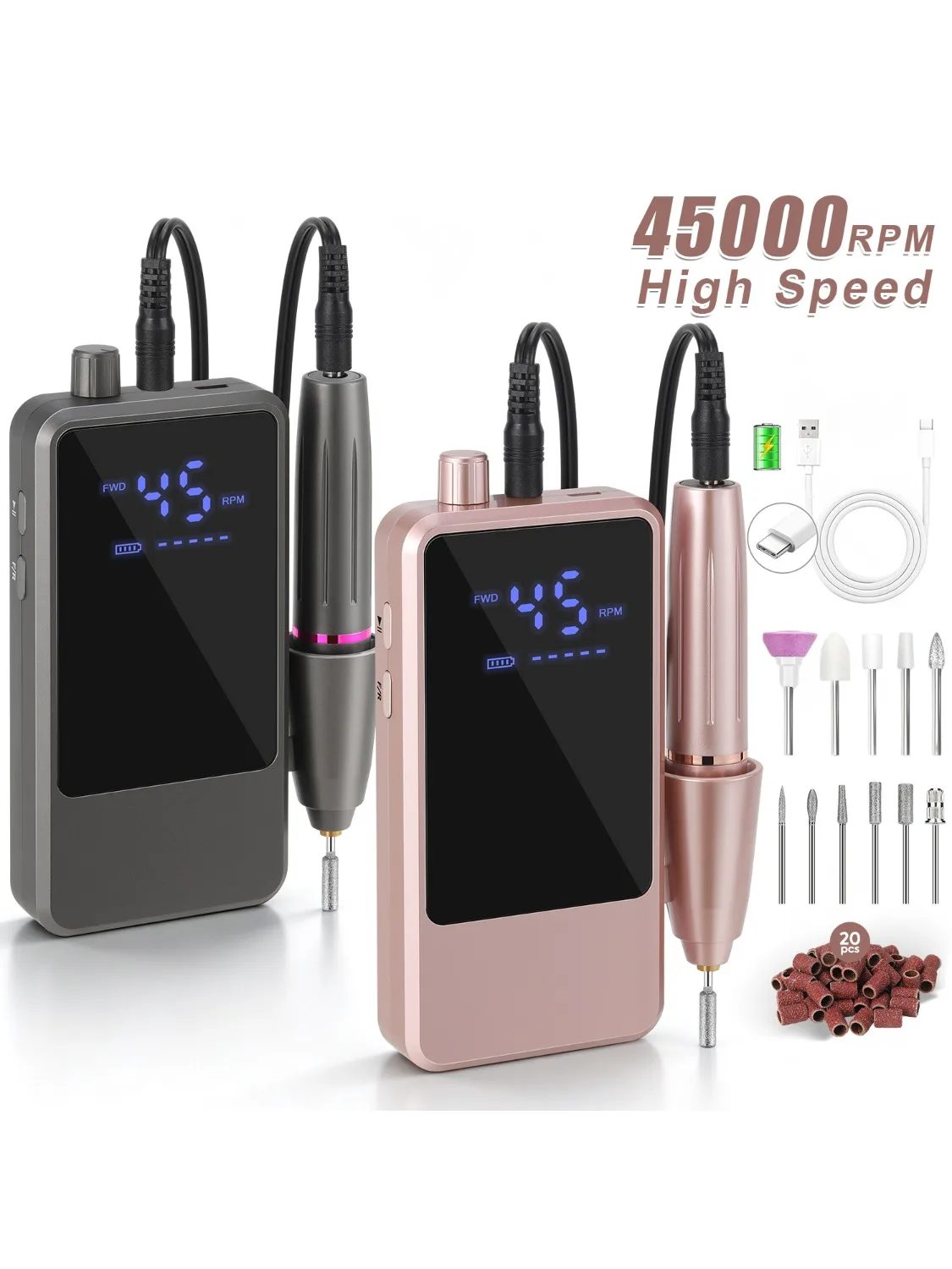 DianaBeauty 45000RPM Nagelbohrmaschine Tragbarer Nagelpolierer mit LCD-Display Elektrischer Nagelpolierer mit 1600mAh Nagelwerkzeugen