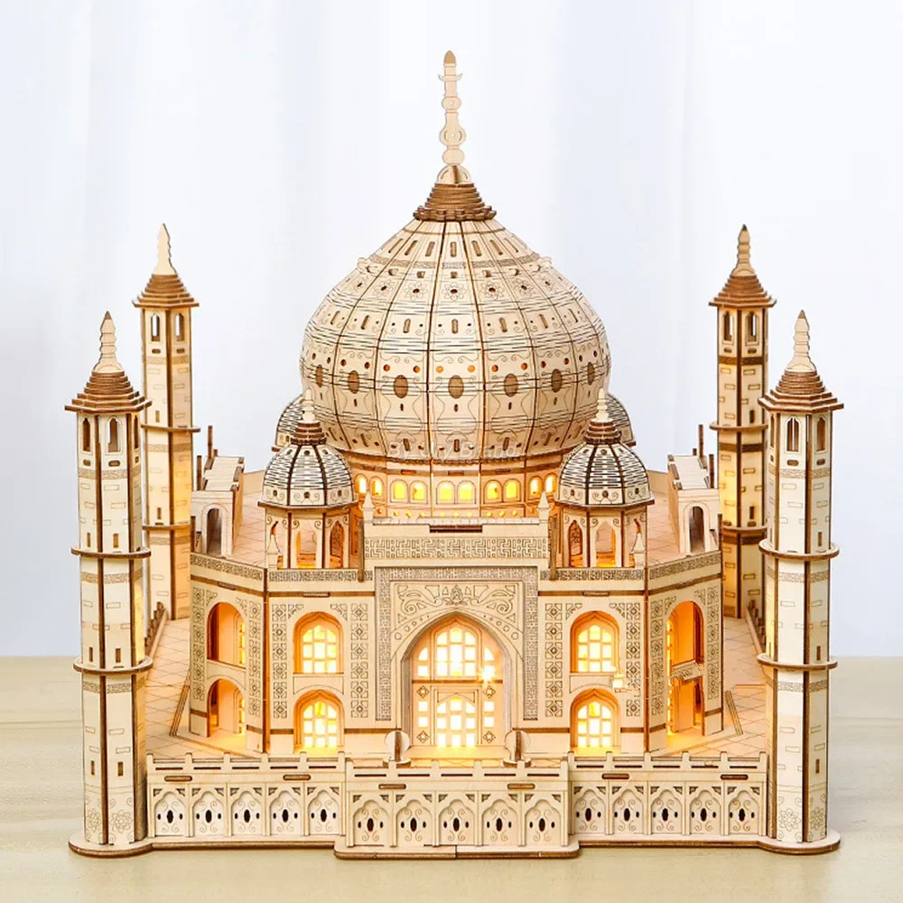 Puzzle 3D Modello di casa in legno Castello reale Taj Mahal con giocattolo di assemblaggio leggero per bambini Kit modello fai da te per adulti Decorazione per regali