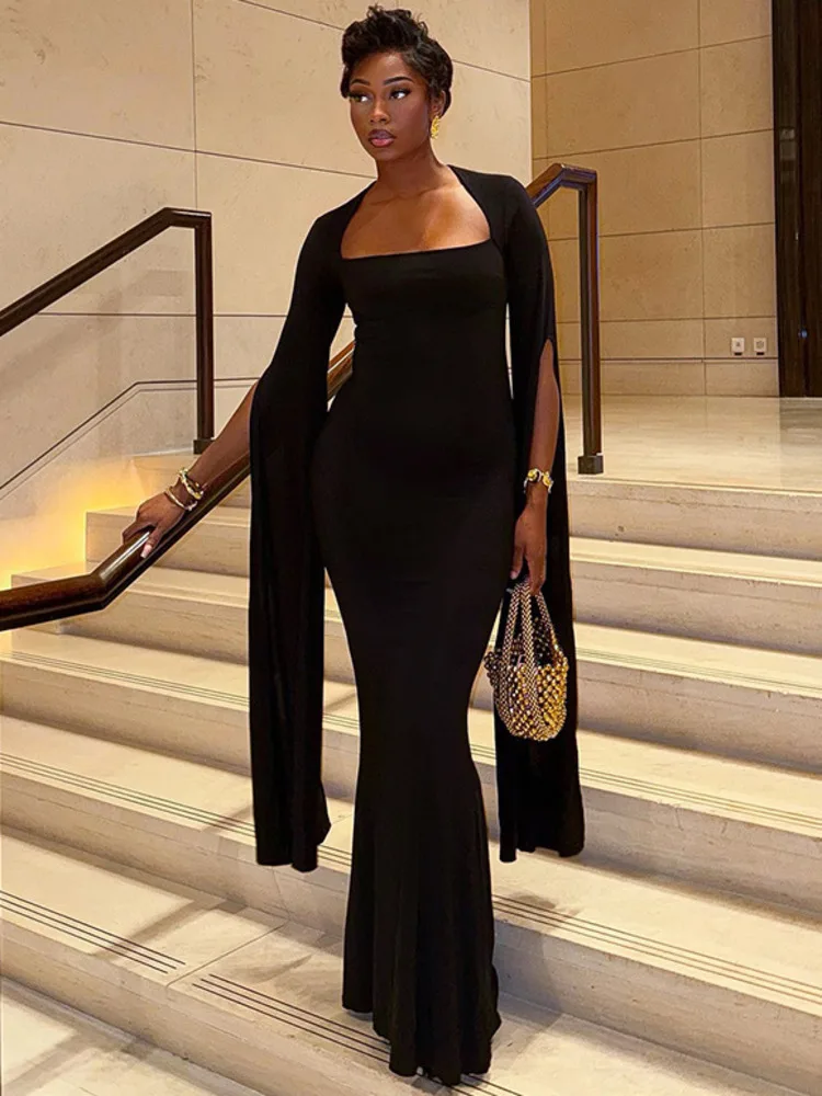 Articat élégant châle ruban longue robe femmes Sexy col carré coupe ajustée Stretch fête Club robe de soirée hiver nouvelles robes