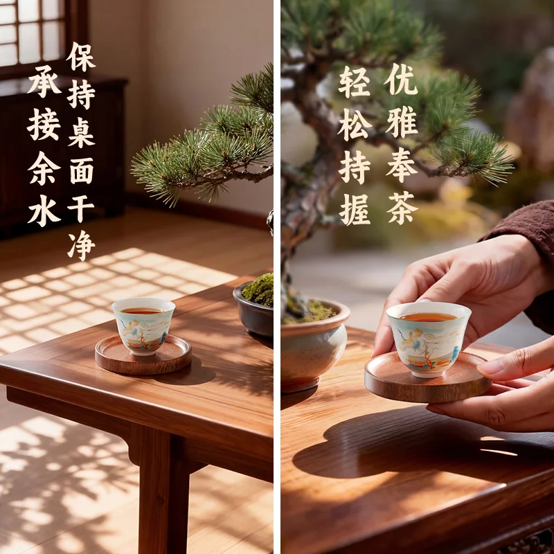 KAMJOVE Vintage-style Wooden Coaster with Floral Grain Pattern,Handmade Wood Cup Tray for Gongfu Tea Set,Ideal as a Teacup Stand