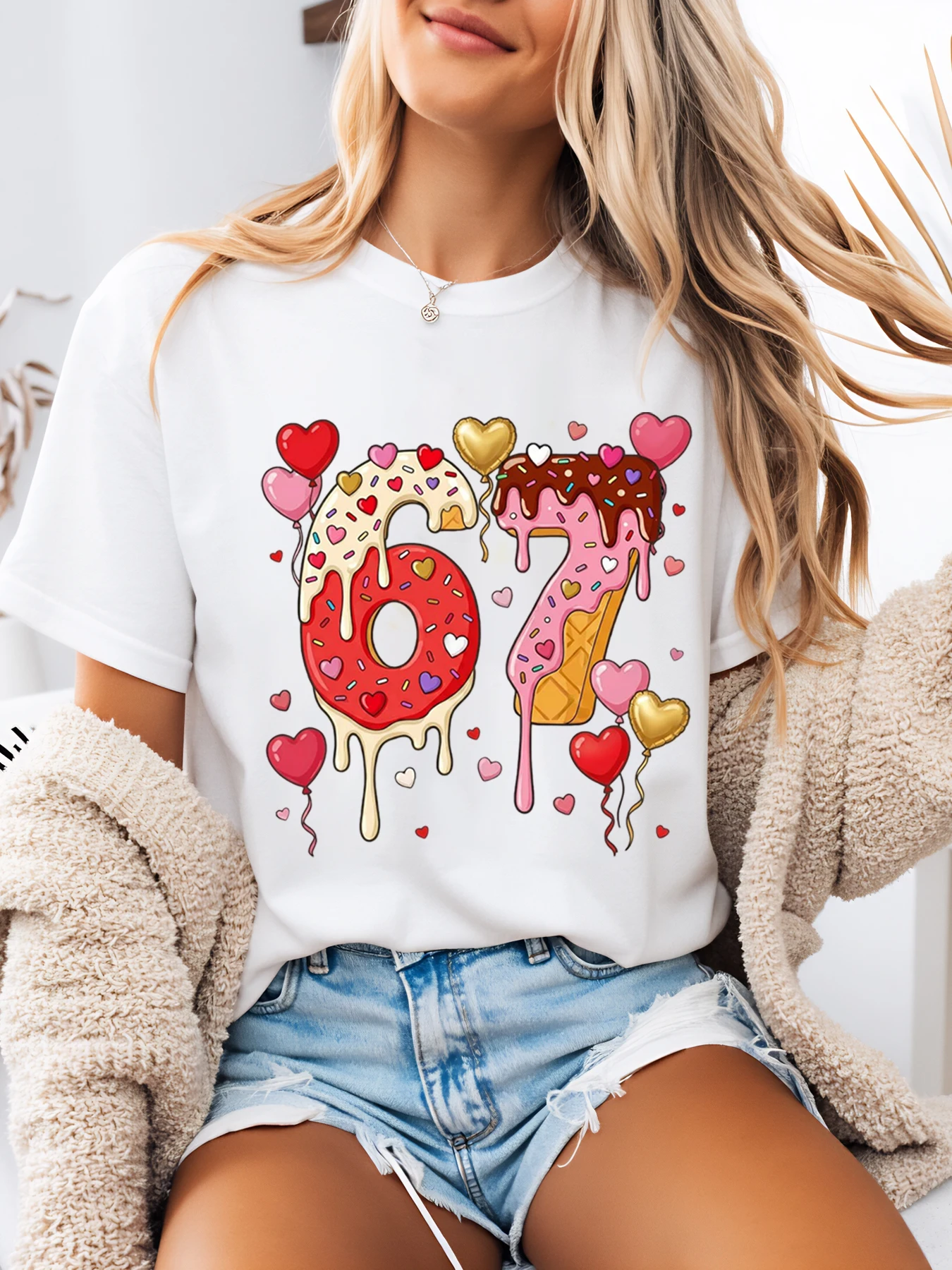 Nummer 67 T-Shirt mit Geburtstagskuchen-Herzen-Luftballons-Aufdruck, Geburtstagsfeier, Damen-Freizeitkleidung, Weiß, Übergröße