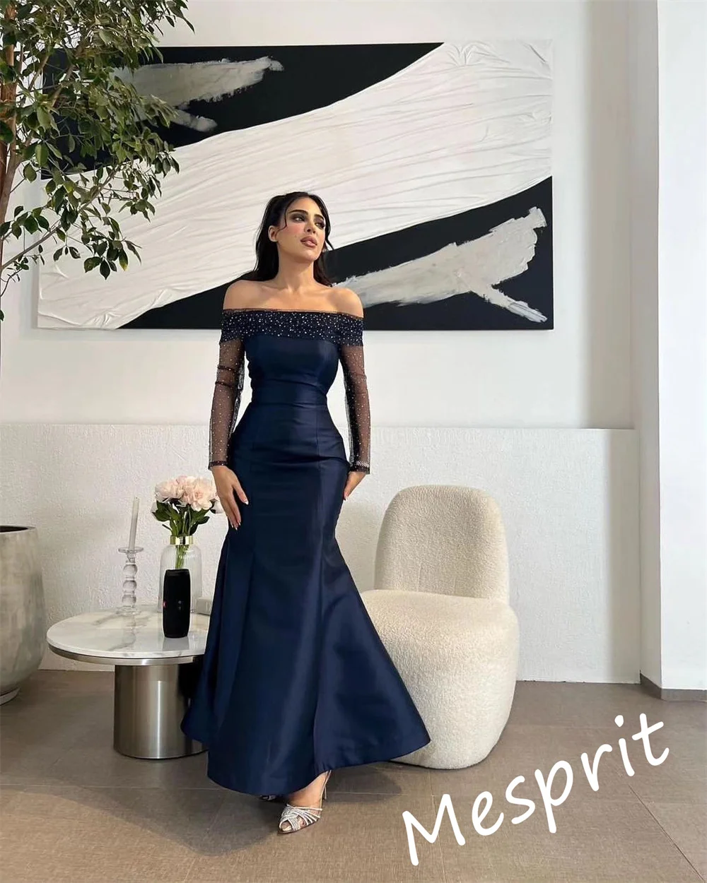 Elegante schulter freie Meerjungfrau bodenlangen Quince anera Kleid Perlen Tüll Satin formelle Gelegenheit Kleid فساتين سفرة вечернее