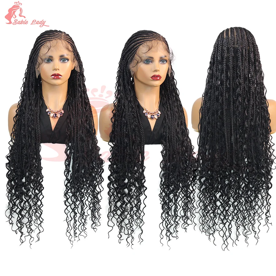 36'' Synthetic Full Lace Front Boho Braided Wigs With Curly Hair Cornrow Braids Wig With Baby Hair Fulani Knotless Box Braid Wig