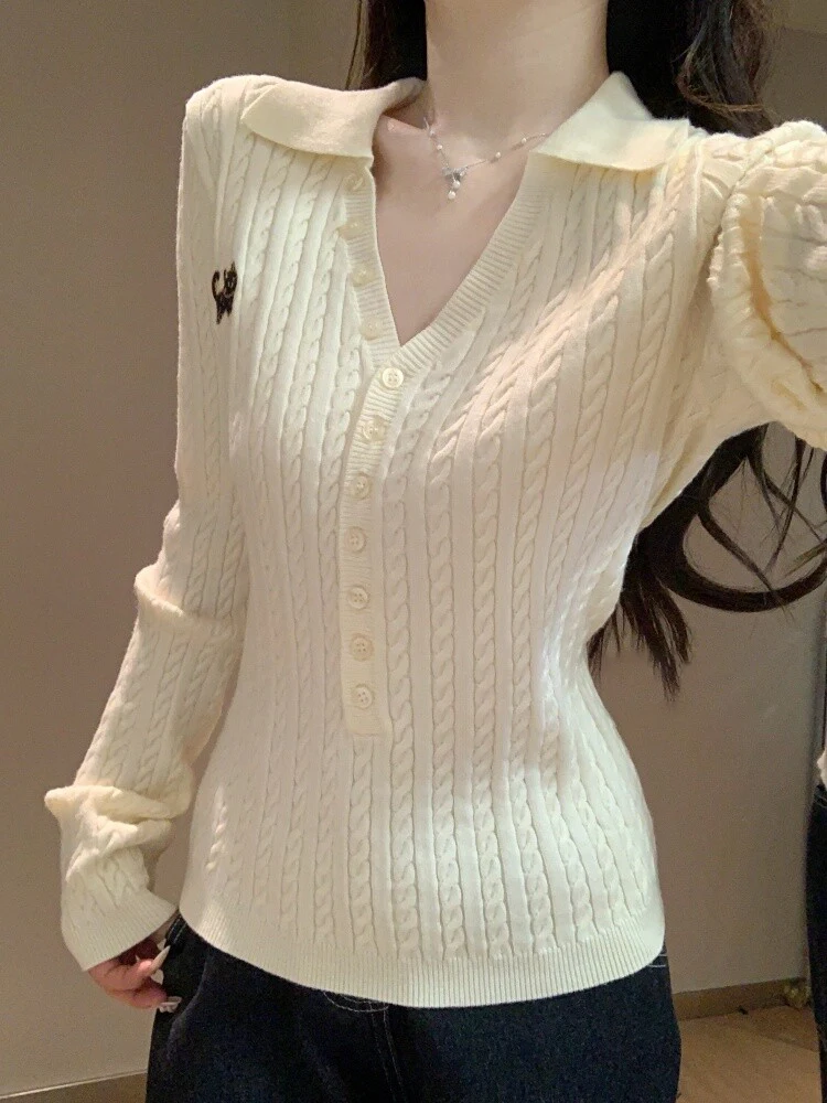 

Облегающий вязаный свитер с V-образным вырезом и узором «косы», модный осенне-зимний новый стиль, универсальный топ для девушек в стиле «сладкая и острая», трендовый дизайн.