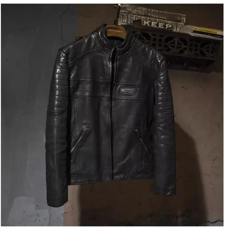 

LNY Shop. Мужская мотоциклетная брендовая Высококачественная куртка из воловьей кожи. Роскошное дубленое плотное пальто из натуральной кожи. Крутая накладка из мягкой кожи