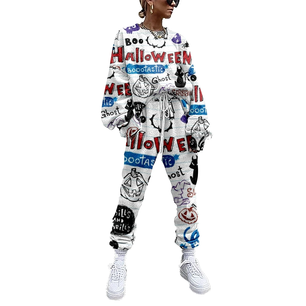

Women Tracksuit 2 Piece Outfit Halloween Printing Sweatshirt+Straight Sweatpants Matching Set Fitness Sporty Streetwear