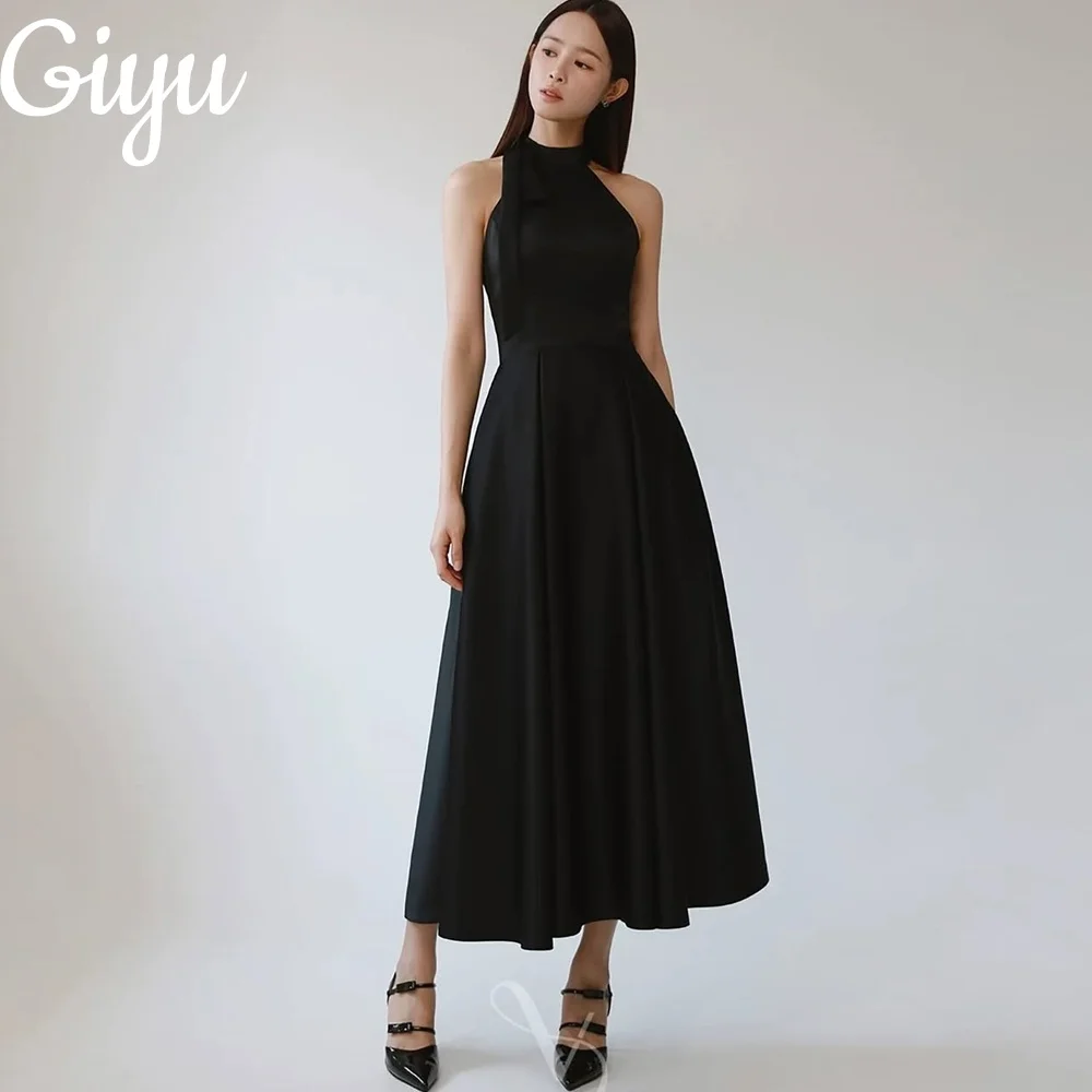 

Giyu Elegant Halter Black A-line Evening Gown Sleeveless Korea Photoshoot Ankle-Length Wedding Party Dress Satin Customized 2025