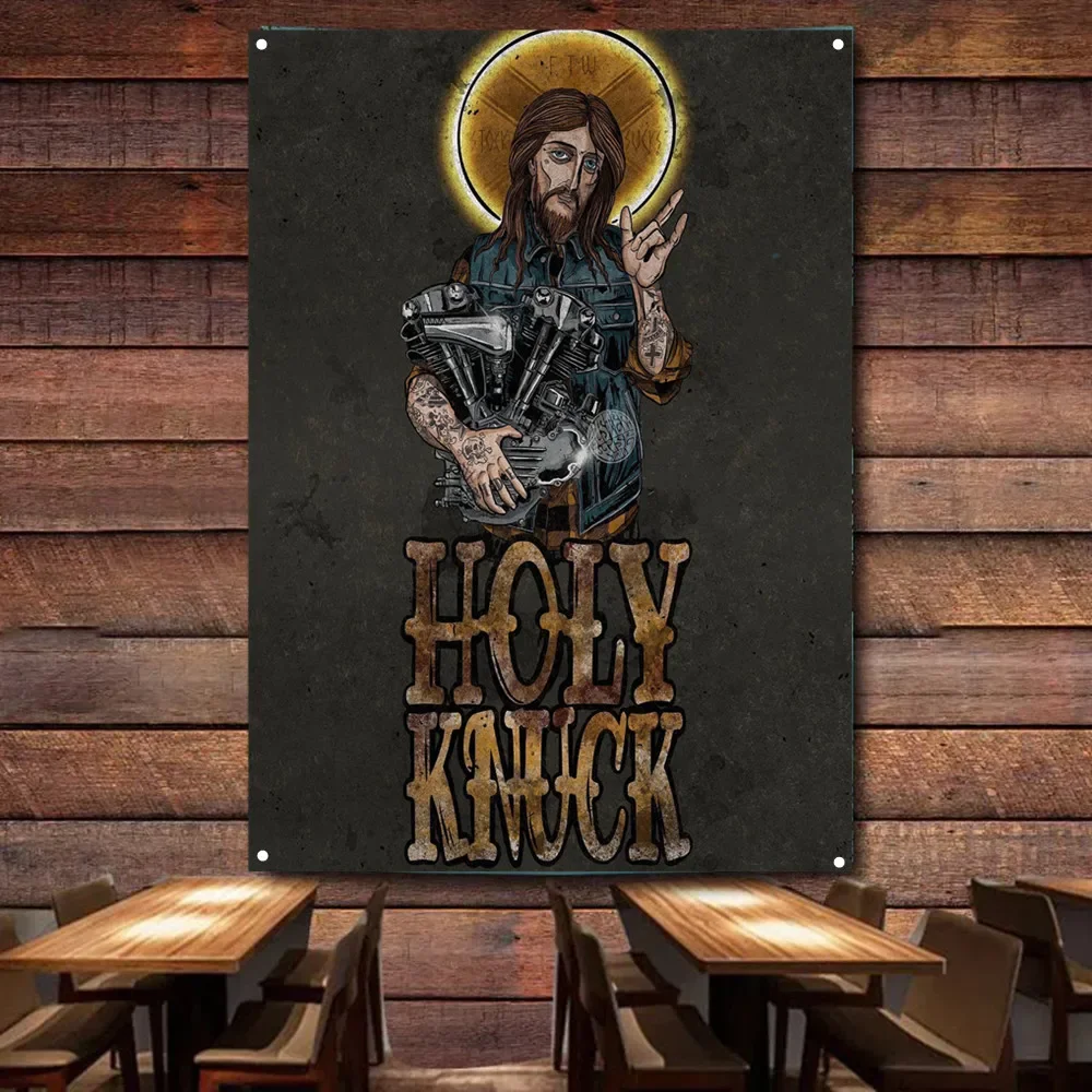 Jesus holding a motorcycle engine Poster Banner Vintage Gas Station Wall Decor Flag Cars Painting for Garage Home Decor Tapestry