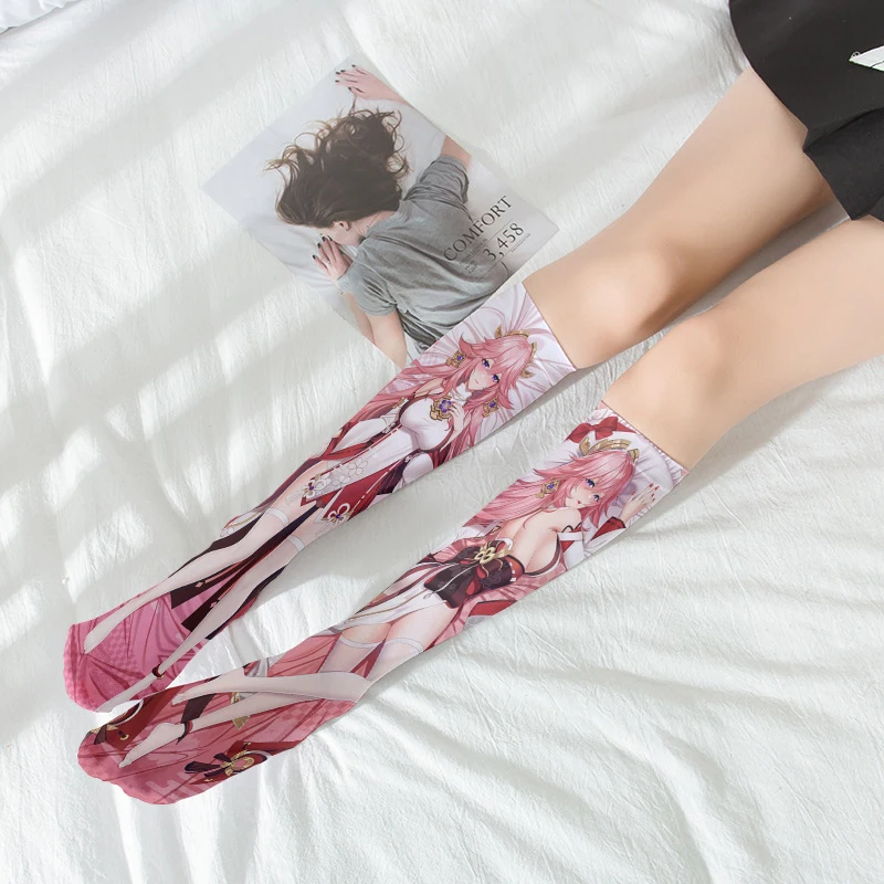 3D Printing Genshin Impact Cartoon Long Socks Women Cute Sweet Lolita JK Long Tube Silk Socks Anime Girls Cosplay Japanese Socks