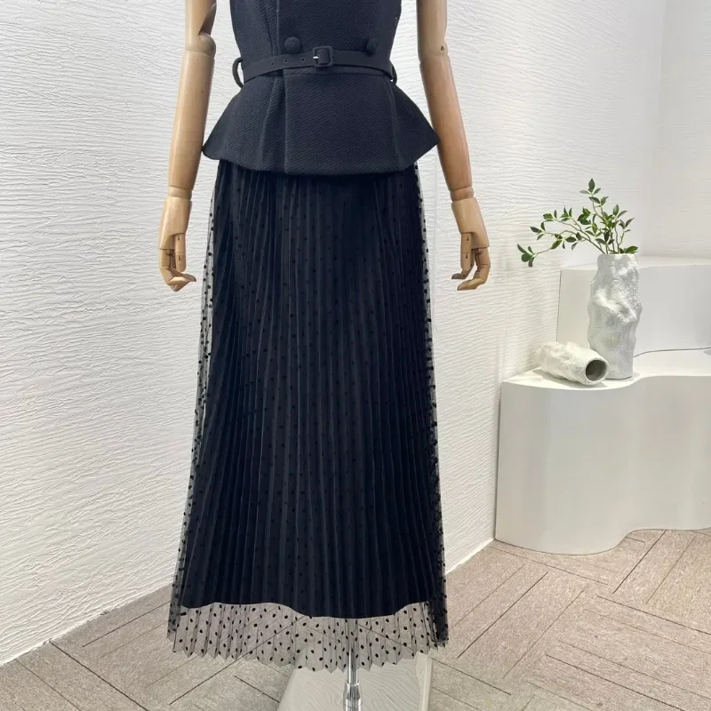 Women Pleat Lace Black Midi Dress Short Sleeve Belt One Shoulder Collar Elegant Ladies Dresses 2024 Summer New Top Quality