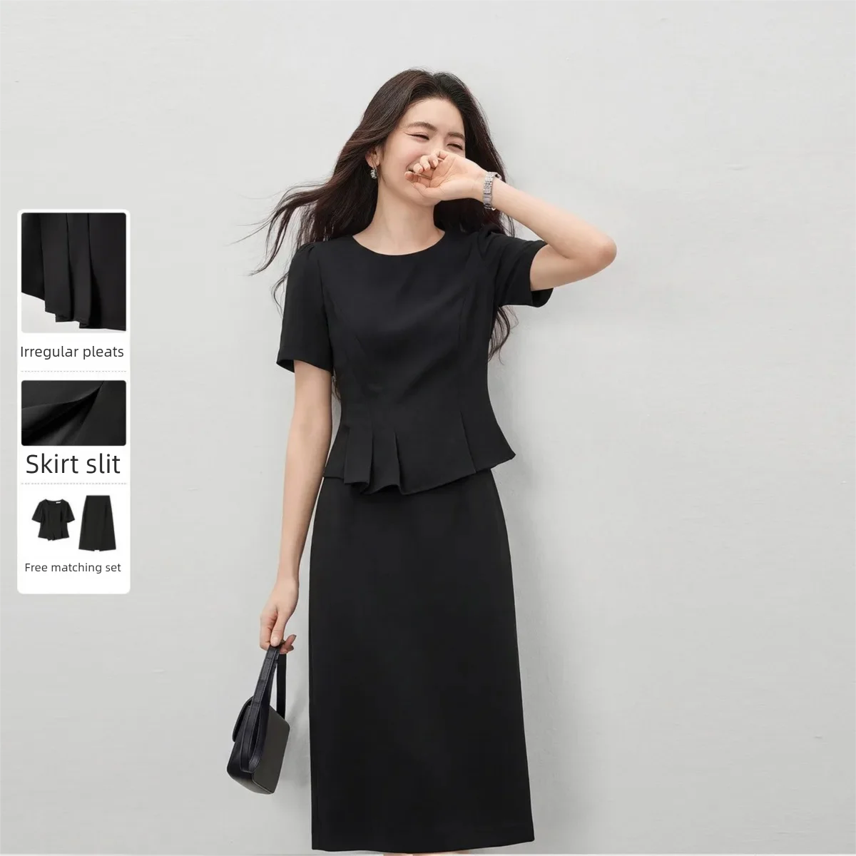 SENTUBILA Women's Elegant Suit Pleated Top Straight Skirt  2 Piece Set 2026 Summer Black Simple Commute Clothing 162ZA6242X