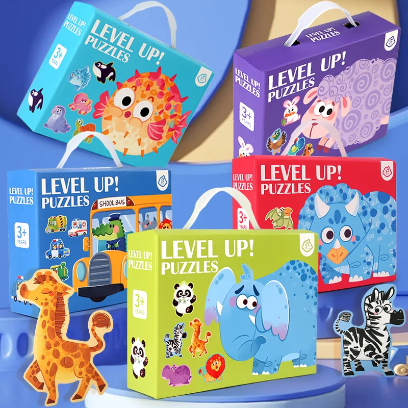 Wooden Jigsaw Puzzles for Toddlers Cartoon Animal Paper Puzzles Montessori Early Learning Education Toys Set Gifts Box for Kids