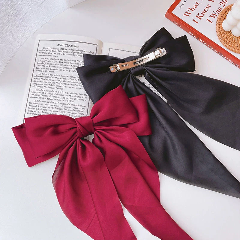 Fashion Satin Bow Hair Clips Solid Color Ribbon Bowknot Hairpins For Women Girls Large Size Barrettes Elegant Hair Accessories