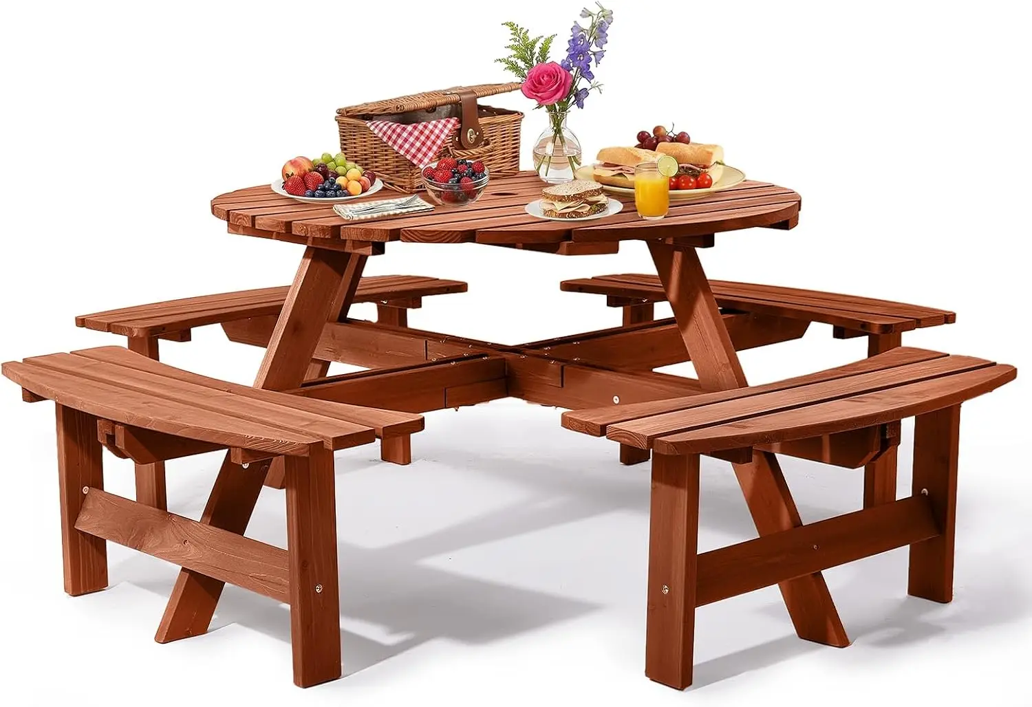 Round Picnic Table Bench Set, Outdoor Dining Table With Built In Benches And Umbrella Hole For Backyard Patio Lawn Garden, Heavy Duty Weather Resistant Furniture, Classic Brown, One Piece