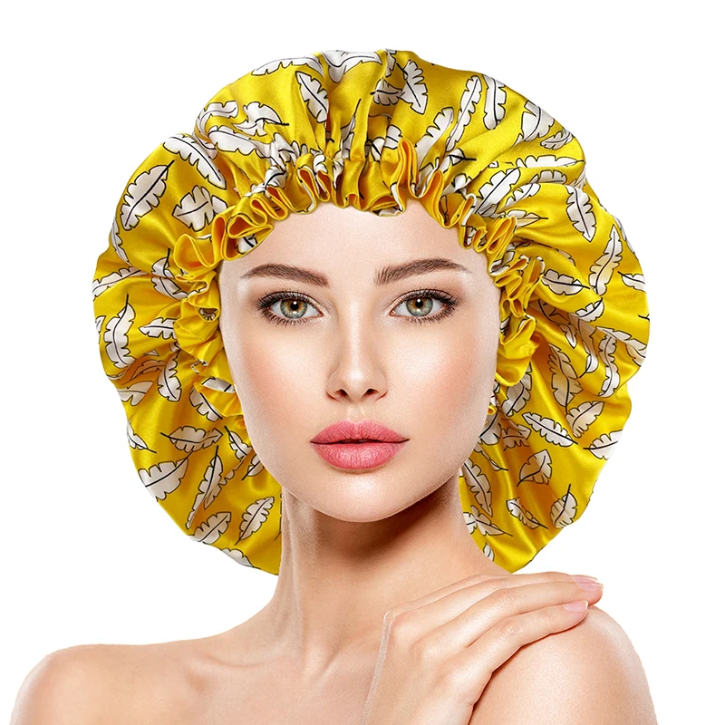 Large Double Layer Silky Satin Bonnet Women Beauty print Sleep Night Cap Head Cover Bonnet Hat for Curly Springy Hair Wholesale