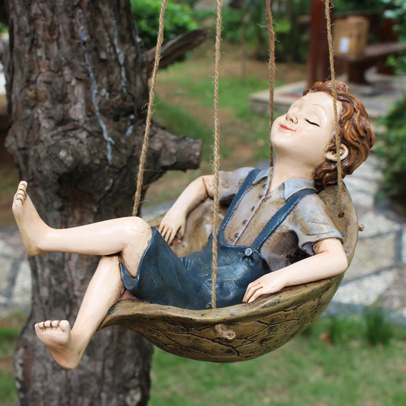 Hanging Swing Boy Resin Craft Ornament, Miniature Figurines, Elf, Garden, Tree Decor, Home Decoration Accessories