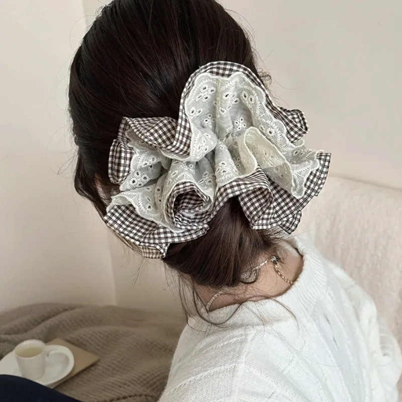 

2026 New Plaid Lace Double Layer Scrunchies Extra Large 15cm Hair Ties for Women Bun Ponytail Holder Soft Voluminous