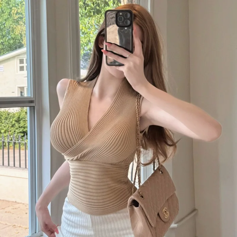 Dongda Gate Zomer Nieuwe Sle Afslanken Taille Cross V-ne Svel Gebreide Vest Pure Desire Sexy ort Lengte Pendelen Sle