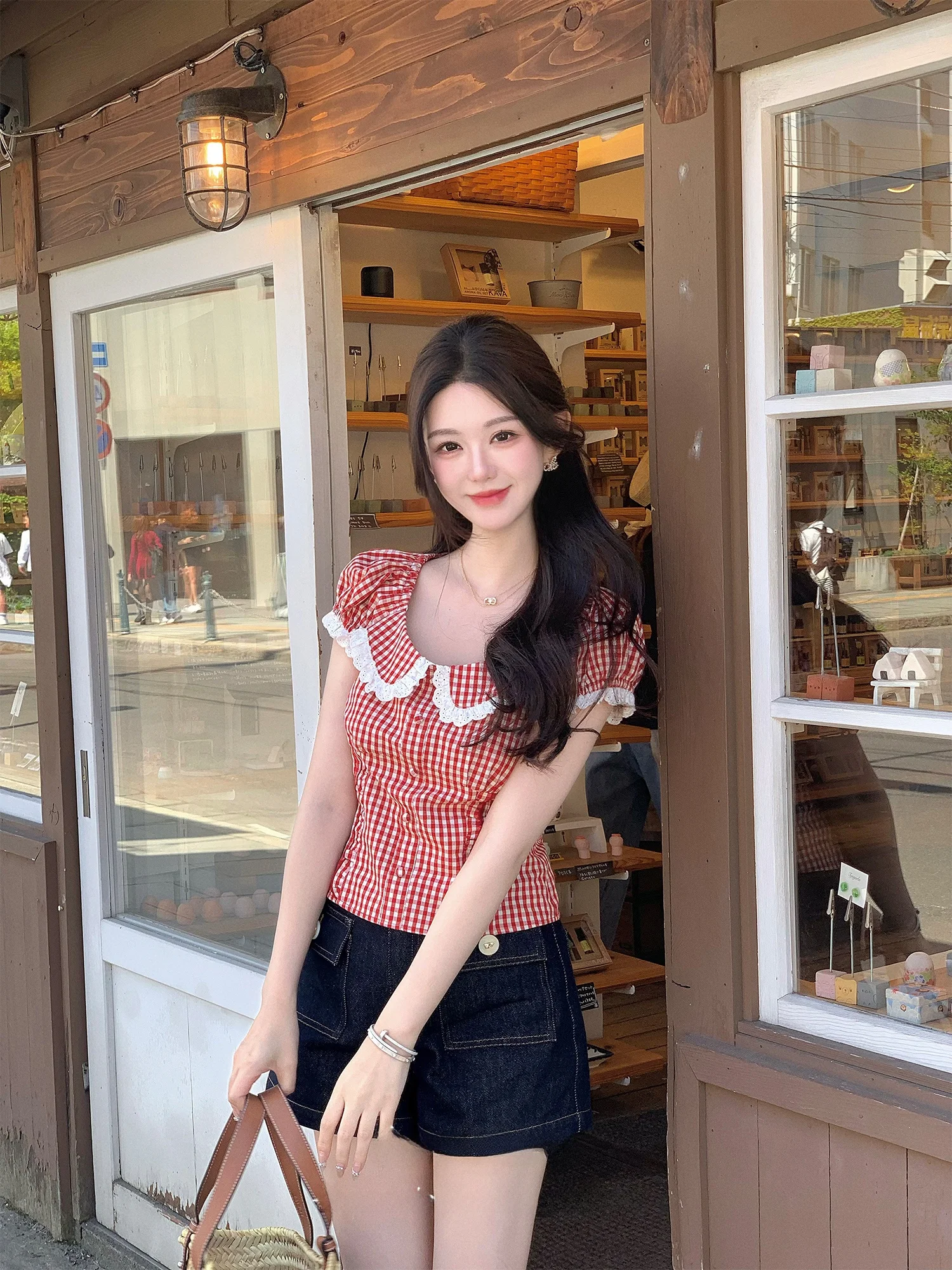 

Slimming Plaid ort Sve irt Roroeep French Sle Women's Faion Polyester Bubble Sve round Ne Regular Length