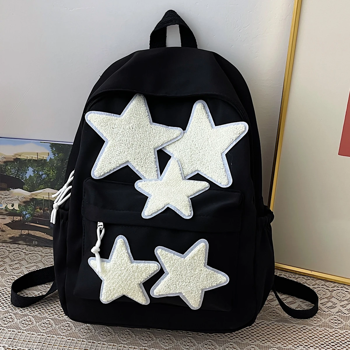 

Fashionable and simple solid color large capacity backpack, daily versatile classic matching star pattern shoulder bag