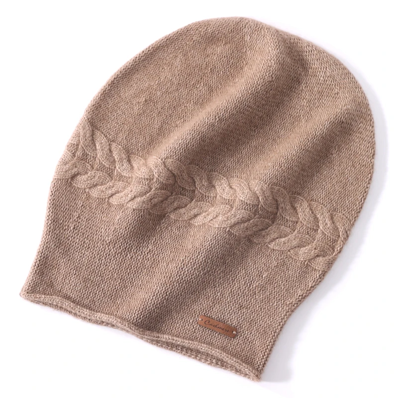 100%Pure Cashmere Beanies Hat For Women Winter Knitted Solid Twist Warm Soft Slouchy Headgears Hats Ear Protect Skullies Bonnet