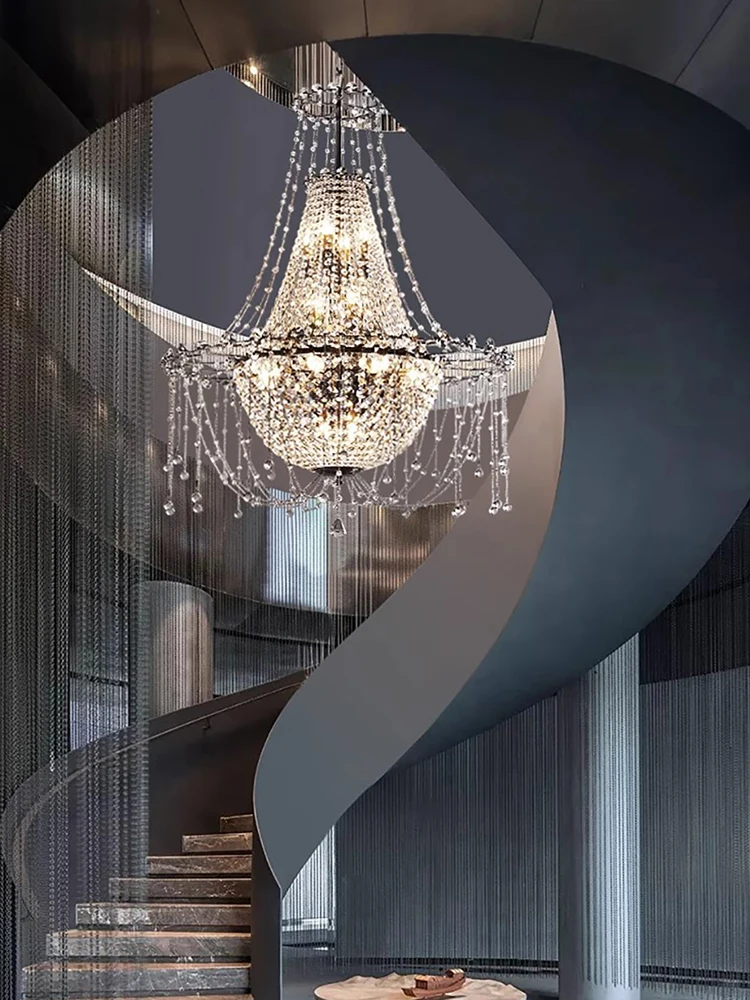 

Staircase Hanging Lamp for High Ceiling Living Room Luxury K9 Crystal Chandeliers High-end Deco Villa Duplex Cottage Designer