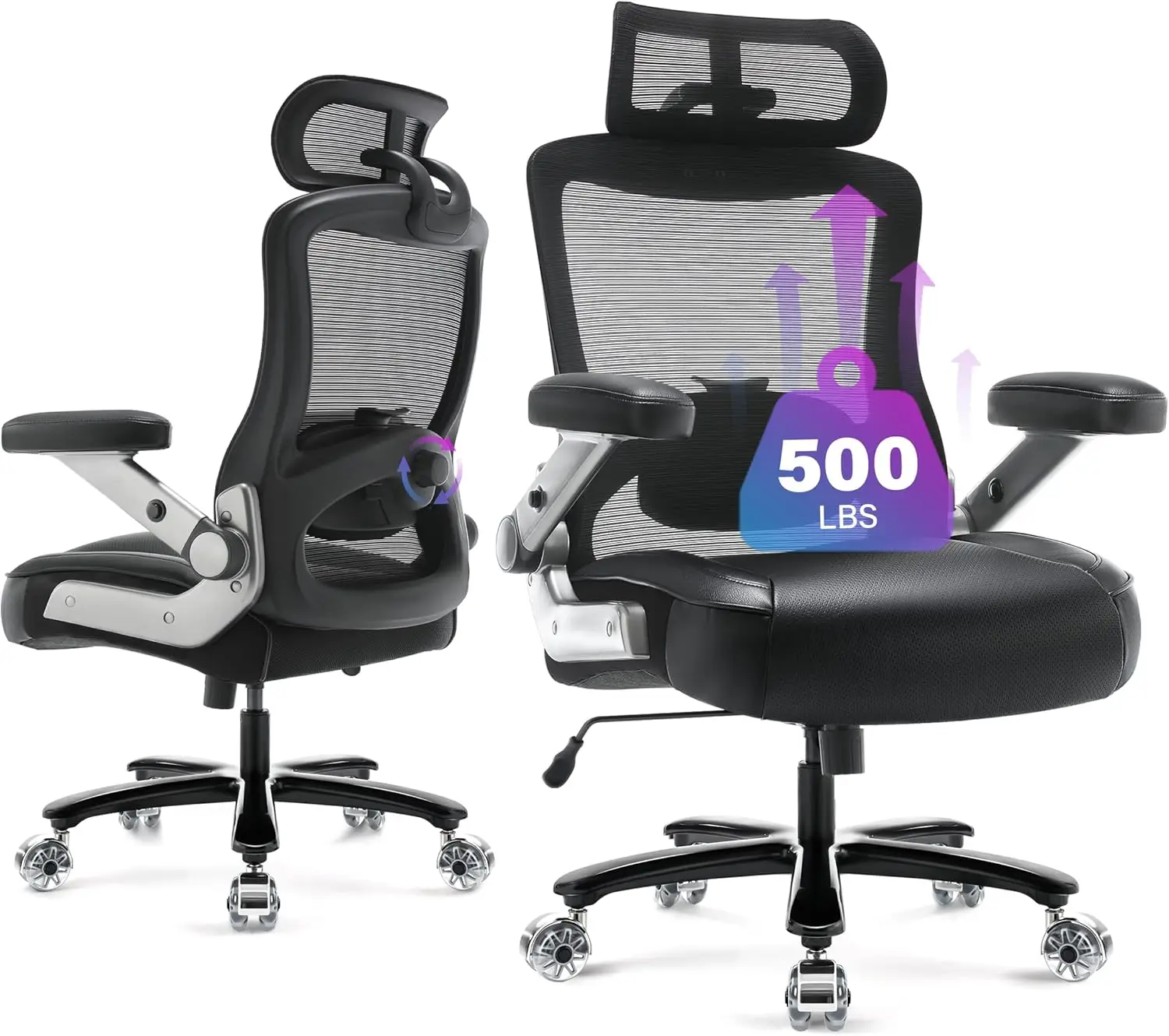 

500lbs Big and Tall Office Chair- Heavy Duty Executive Computer Chair with 3D Flip Arms Large Wheels, Ergonomic Mesh High Back