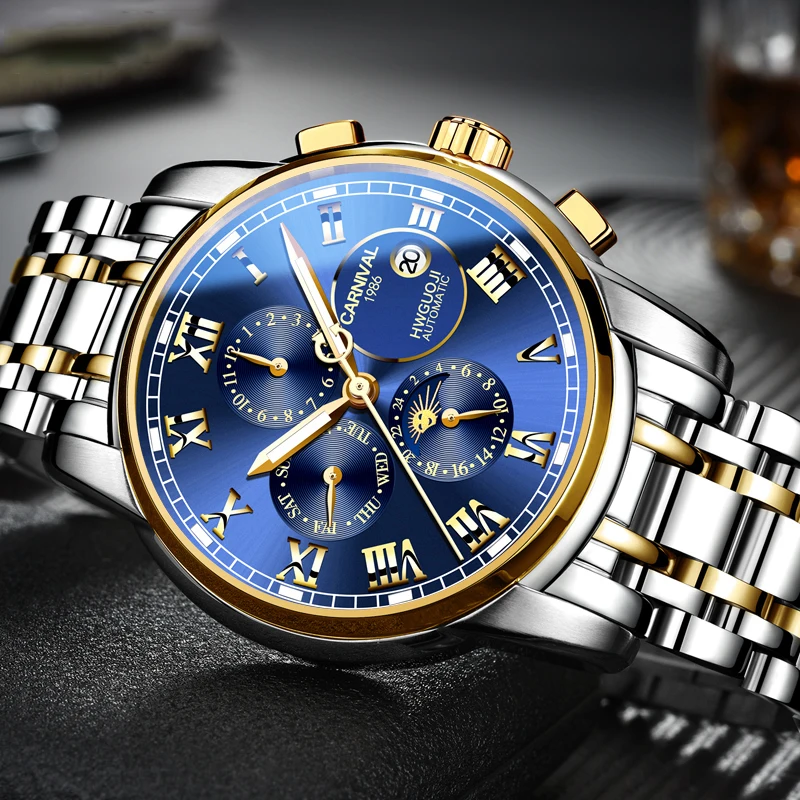 Carnival Brand Multifunction Moon Phase Mechanical Watch for Men Stainless Steel Waterproof Calendar Week Automatic Watches Mens