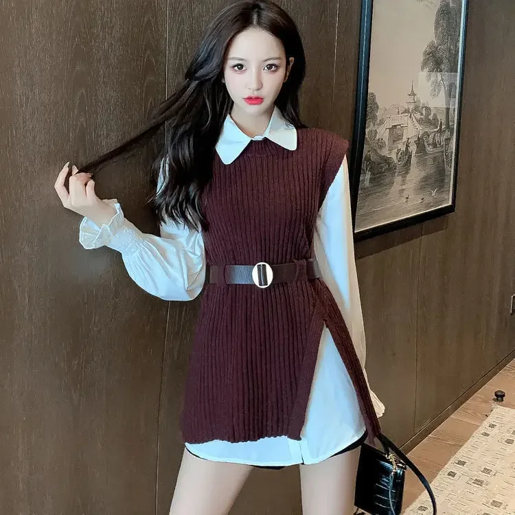 2Pcs Set Office Lady Outfits Korean Fashion Women College Winter Autumn Knitted Sweaters Vest + White Blouse Casual Belt Suit