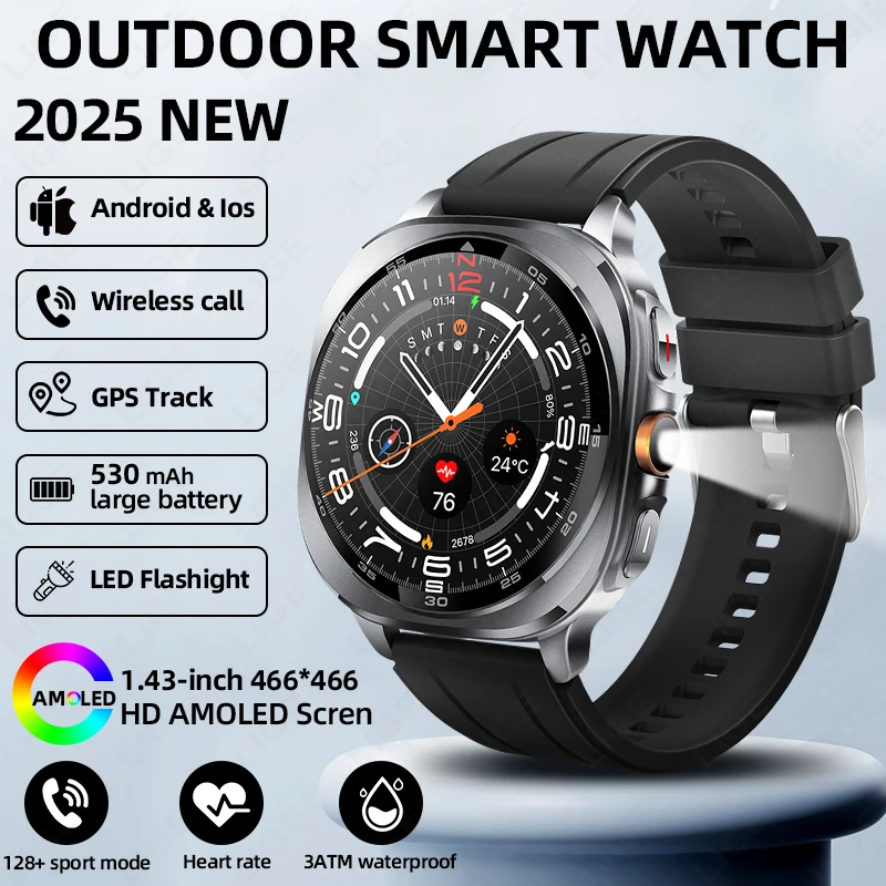 LIGE New Smart Watch GPS Sport Watch Outdoor 3ATM Waterproof AMOLED HD Display Bluetooth Call Compass Smartwatch 530mAh Battery