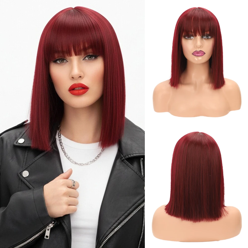 

MSIWIGS Synthetic Short Straight Bob Red Wig With Bang Heat Resistant for Women Cosplay Party Daily Use