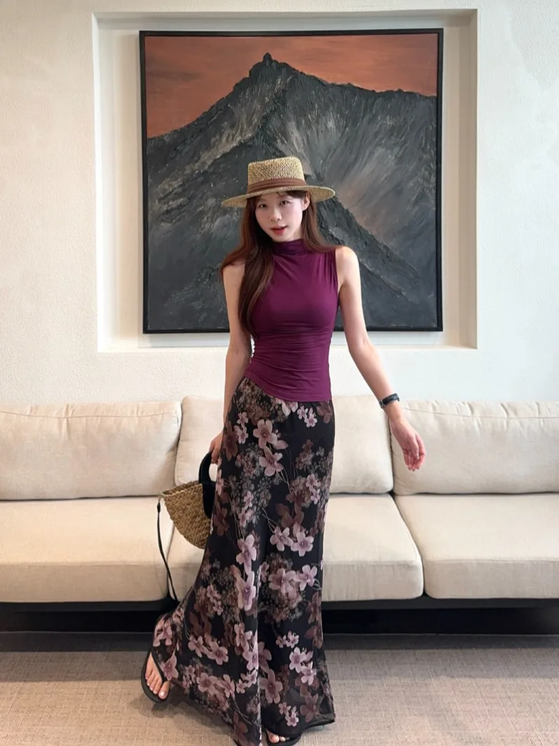 

Fashionable Kumikumi Set Purple Slim Fit Sleeveless Vest Women Summer Floral Halter Skirt Fish Tail Skirt Two Piece Set